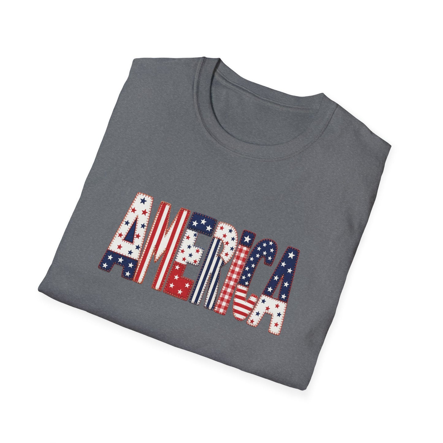 American Flag Patchwork Style Letters T-Shirt | Patriotic Fourth of July Tee