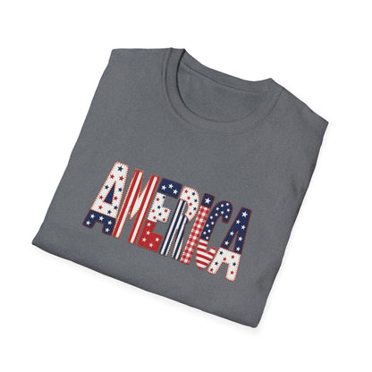 American Flag Patchwork Style Letters T-Shirt | Patriotic Fourth of July Tee