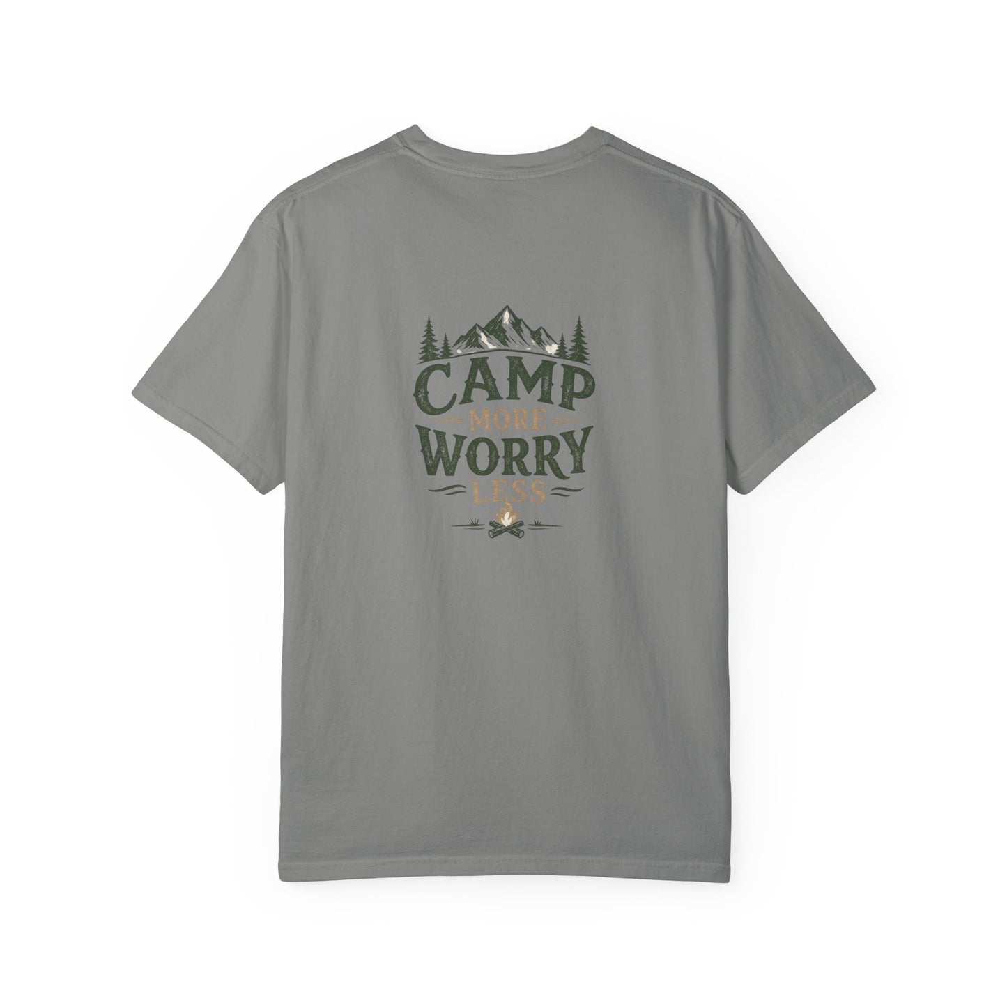 Camp More Worry Less T-shirt | Camping Mountains Pine Trees Design