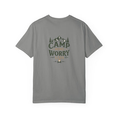Camp More Worry Less T-shirt | Camping Mountains Pine Trees Design
