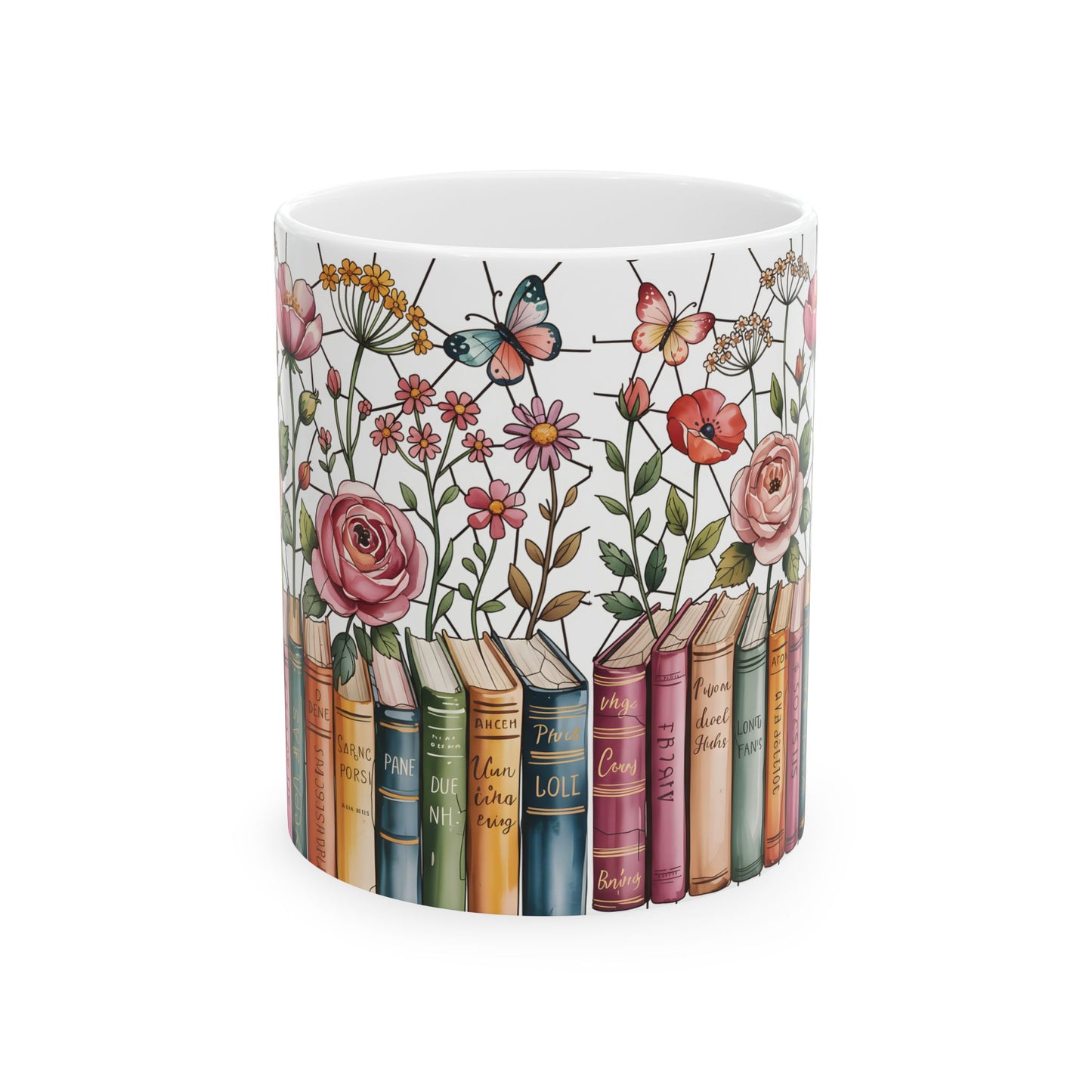 Floral Bookshelf Illustration Mug | Ceramic Book Lover Coffee Cup Stained Glass Effect