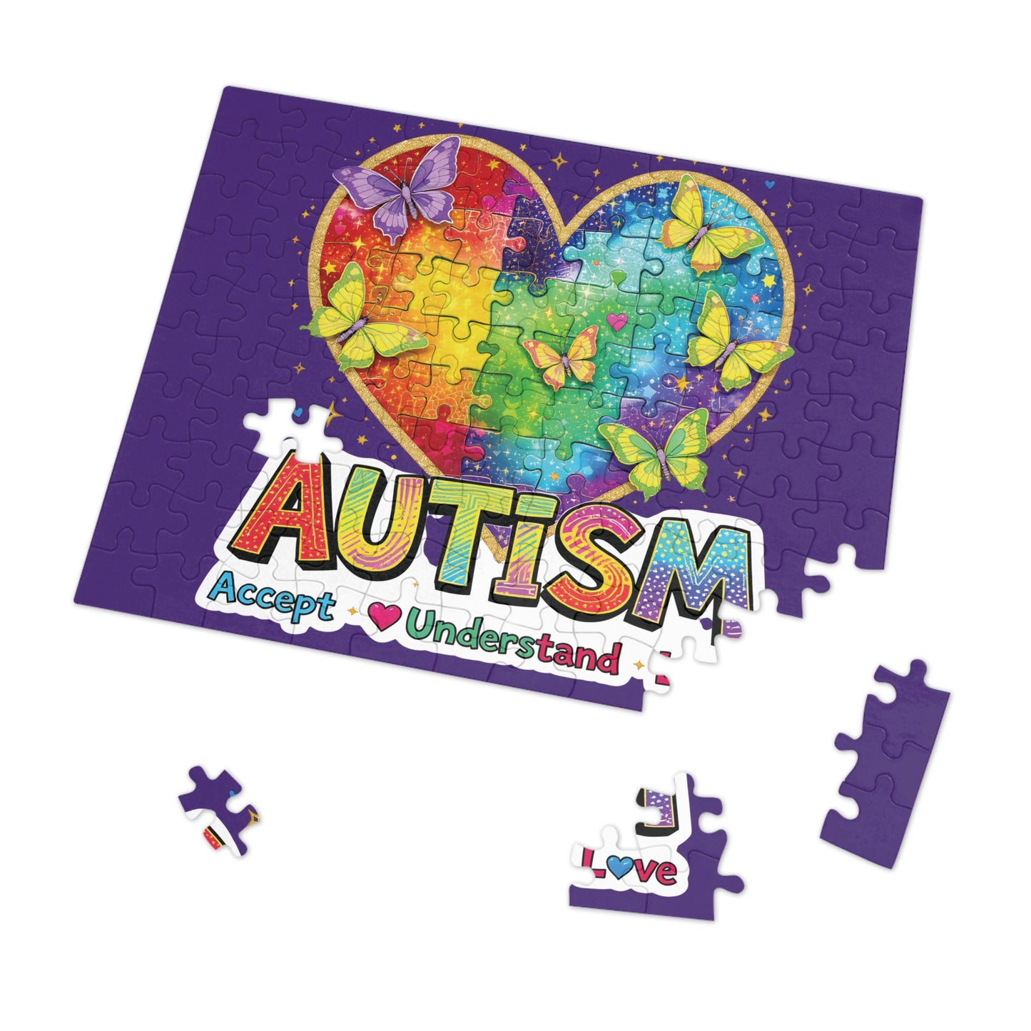Autism Accept Understand Love Jigsaw Puzzle with Tin | Rainbow Heart Butterflies