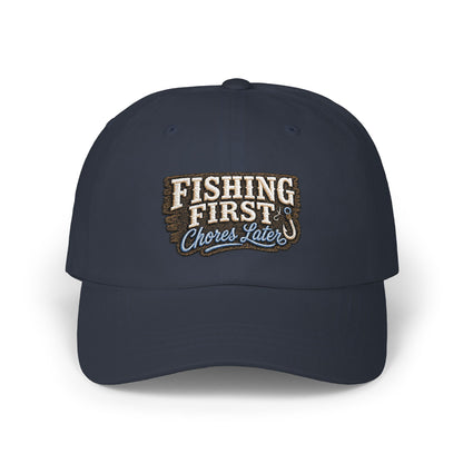 Fishing First Chores Later Dad Cap | Embroidered Fishing Hat