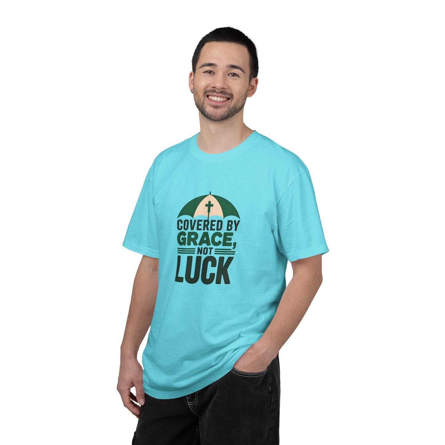 Covered by Grace Not Luck T-Shirt | Christian faith tee, cross graphic