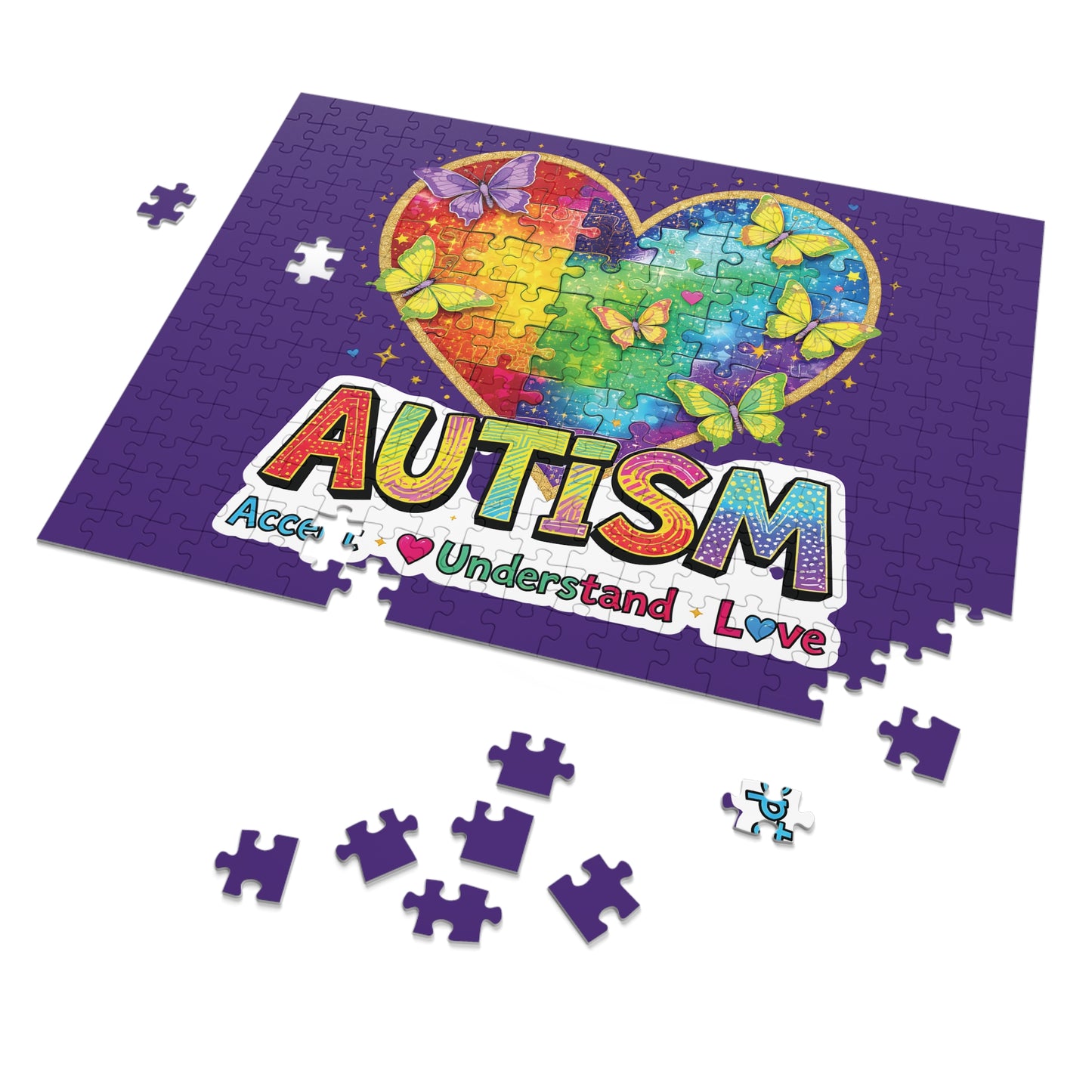 Autism Accept Understand Love Jigsaw Puzzle with Tin | Rainbow Heart Butterflies