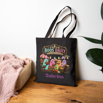 Fresh Boos Daily ghost market Tote Bag | Halloween trick-or-treat canvas tote