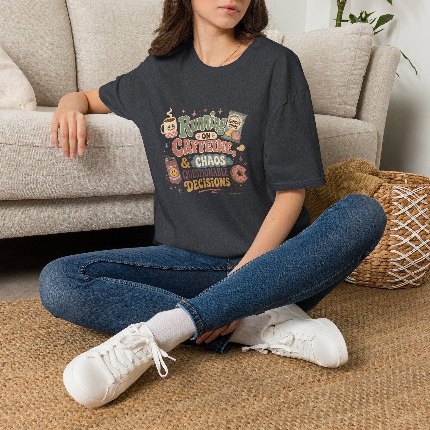 Running on Caffeine & Chaos T-Shirt | Coffee Mug Donut Illustration