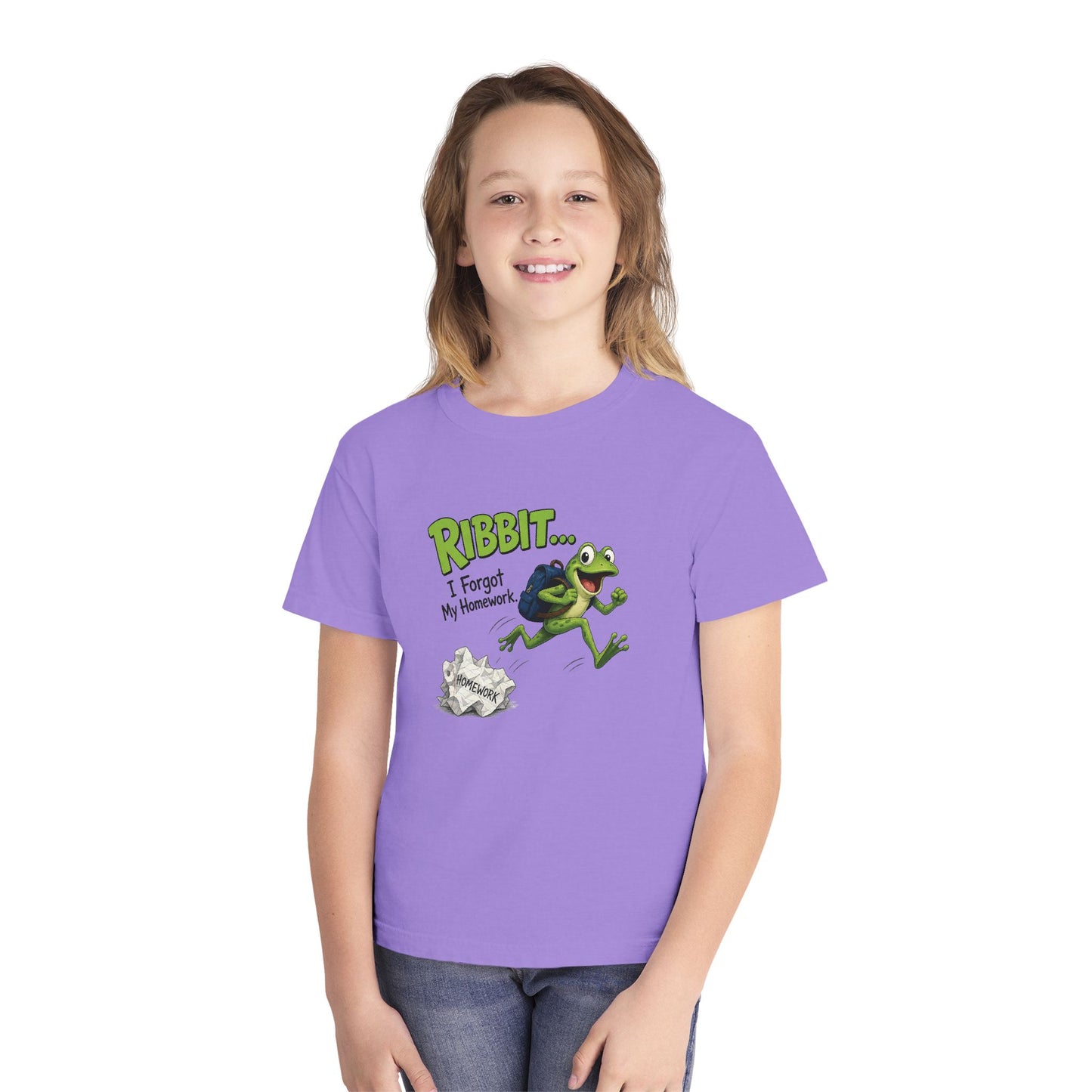 Ribbit Frog Character Youth Tee | Funny Forgot My Homework Design