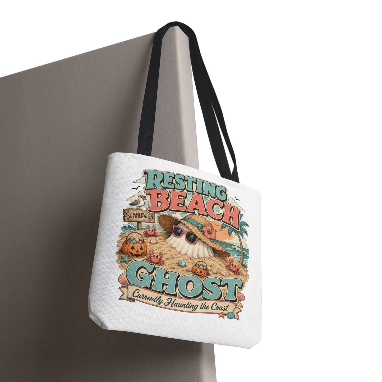 Resting Beach Ghost Tote Bag | Cute Halloween Beach Ghost Illustration