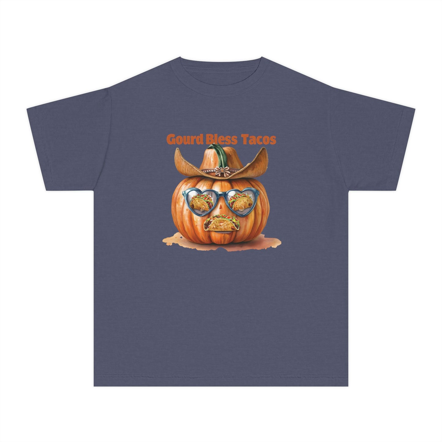 Whimsical Fall Youth Tee - Gourd Bless Tacos, Halloween Shirt, Kids Autumn Apparel, Thanksgiving Humor Top, Funny Seasonal Gift