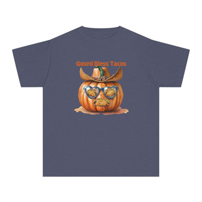 Whimsical Fall Youth Tee - Gourd Bless Tacos, Halloween Shirt, Kids Autumn Apparel, Thanksgiving Humor Top, Funny Seasonal Gift