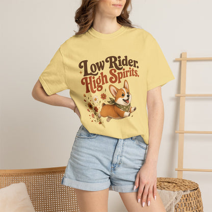 Low Rider High Spirits Corgi T-Shirt | Running Corgi Illustration, Autumn Leaves