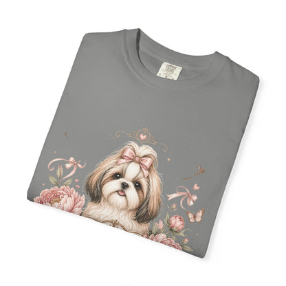 Shih Tzu Floral Portrait T-Shirt | Tiny Floof Illustration, Pink Roses