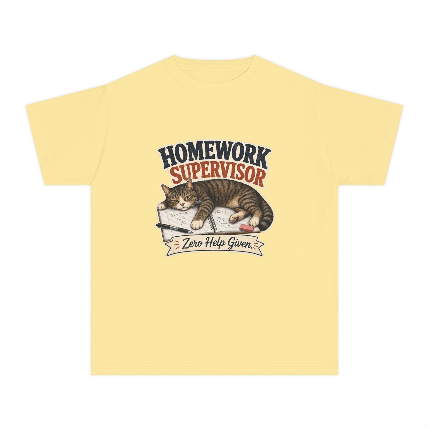 Homework Supervisor Cat Youth Tee | "Zero Help Given" retro kitten design