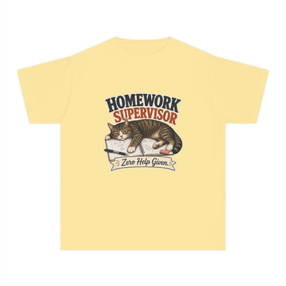 Homework Supervisor Cat Youth Tee | "Zero Help Given" retro kitten design