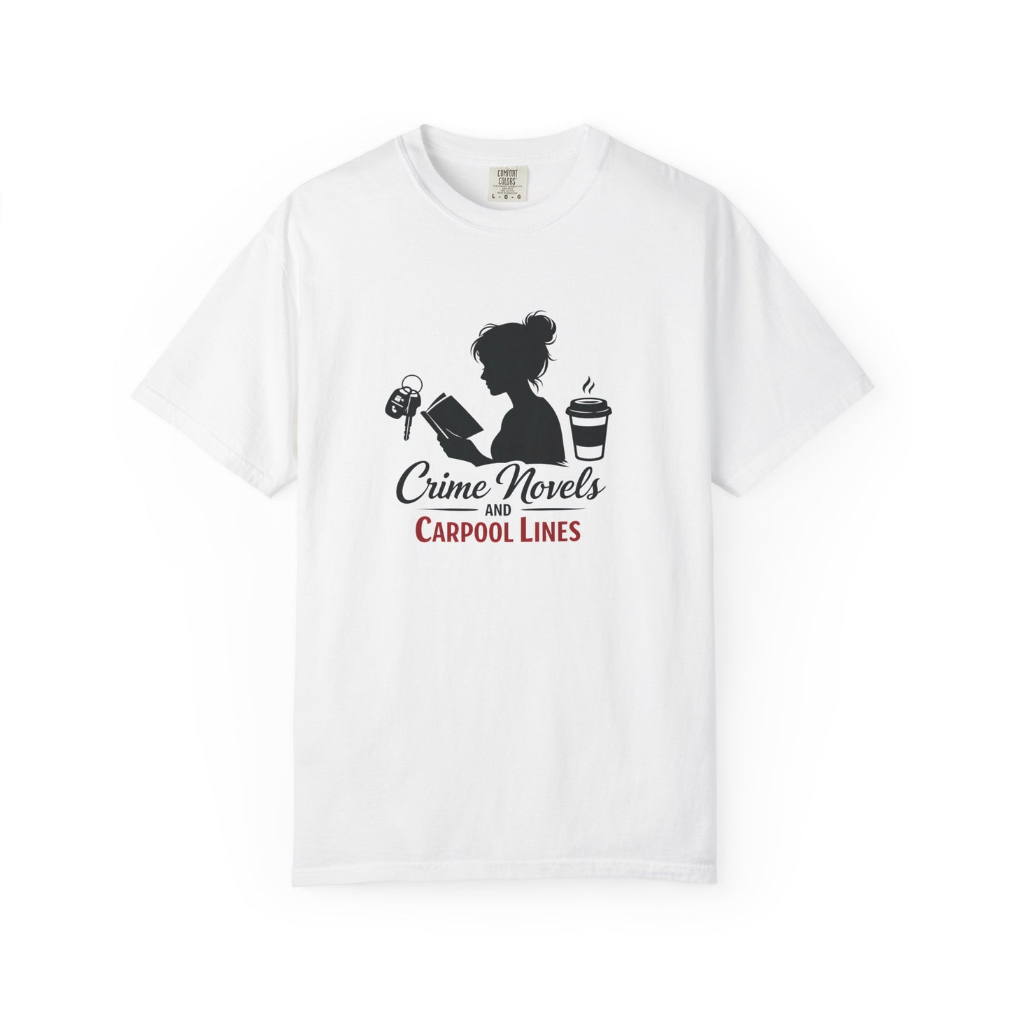 Crime Novels and Carpool Lines T-shirt | Reading Mom Silhouette, Coffee Graphic