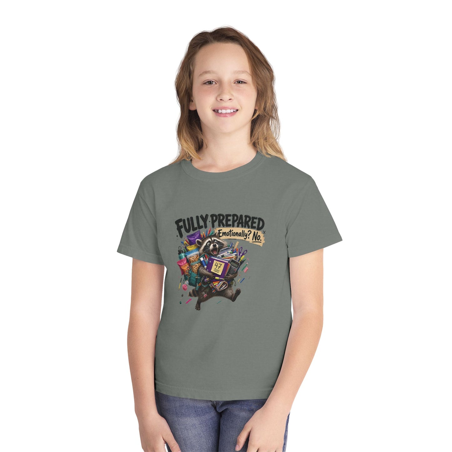 Fully Prepared Raccoon Supplies T-Shirt | Funny Back-to-School Kids Tee