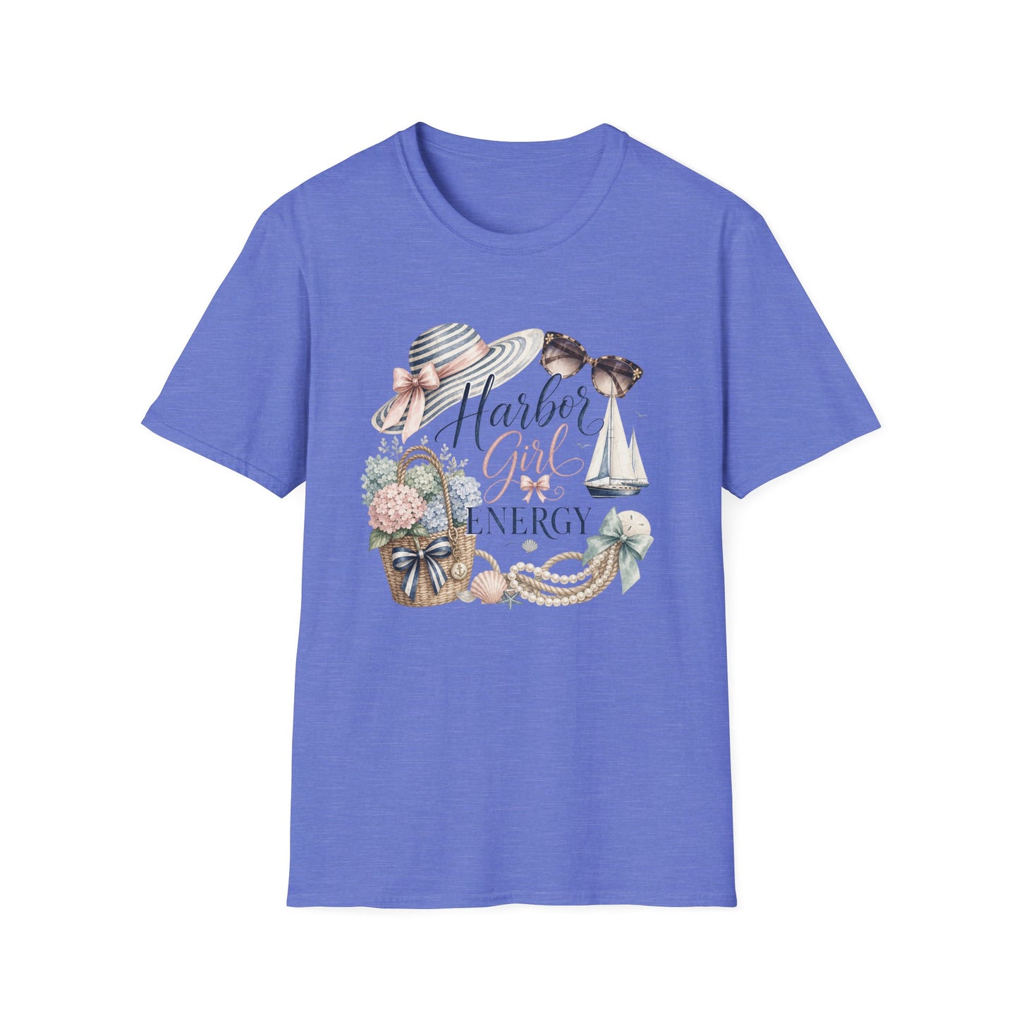 Harbor Girl illustration T-Shirt | Nautical hat, sailboat, seashells