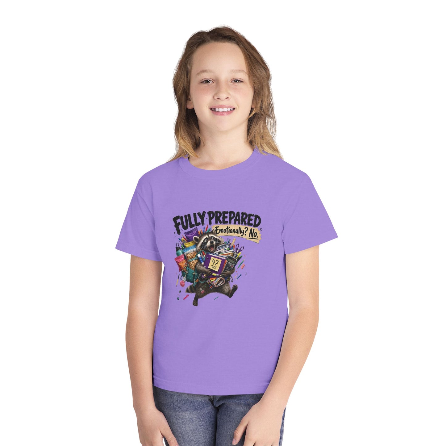 Fully Prepared Raccoon Supplies T-Shirt | Funny Back-to-School Kids Tee