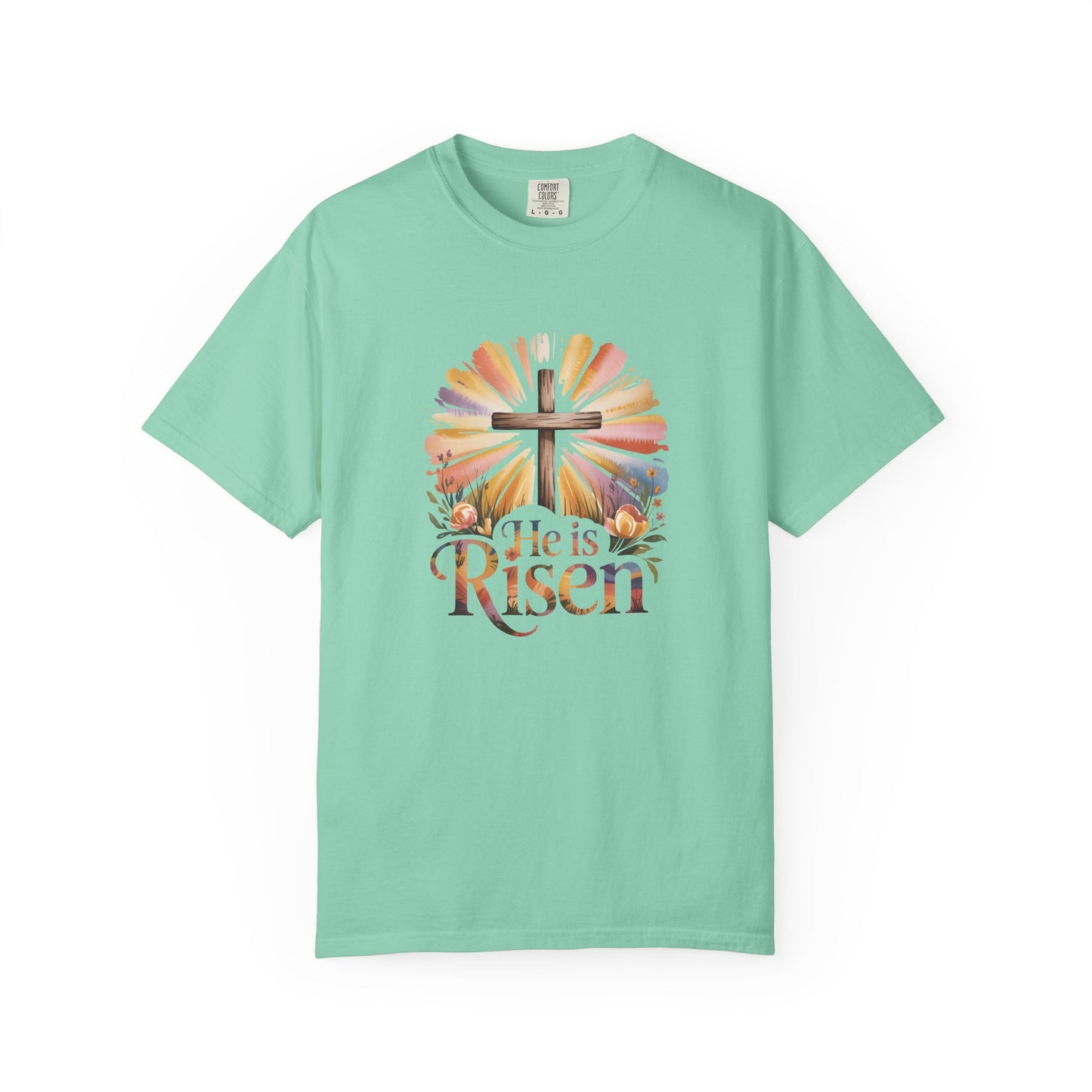 He Is Risen cross sunrise design T-Shirt | Easter faith floral