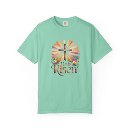 He Is Risen cross sunrise design T-Shirt | Easter faith floral