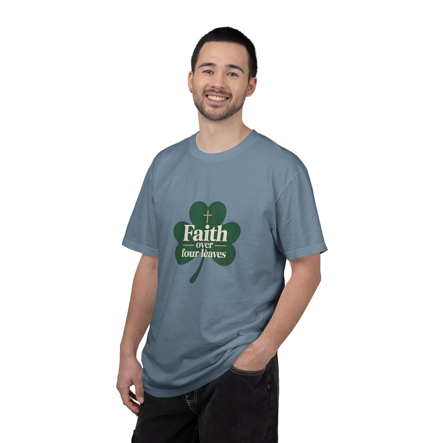 Faith Over Four Leaves T-shirt | Shamrock Christian Inspiration