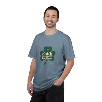 Faith Over Four Leaves T-shirt | Shamrock Christian Inspiration