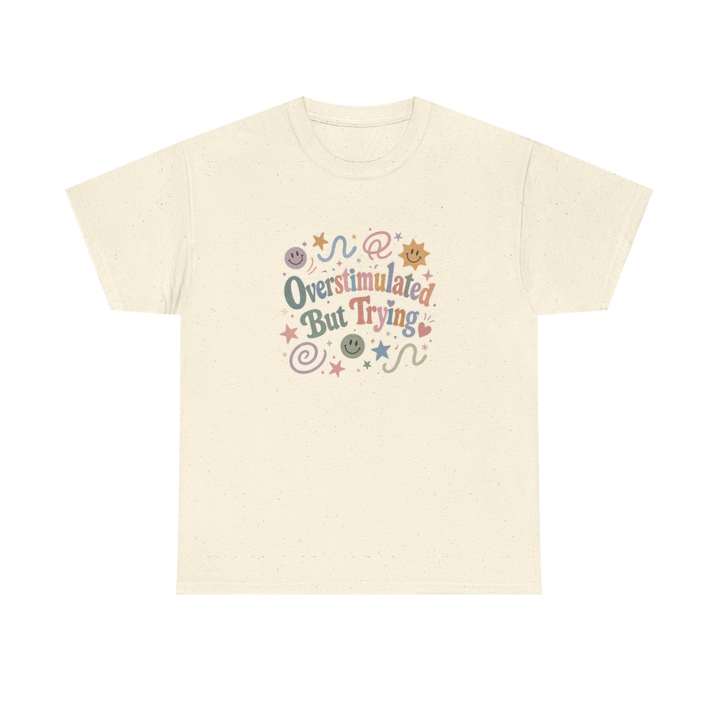 Overstimulated But Trying tee | Funny Mental Health Shirt, Cute Retro Doodles