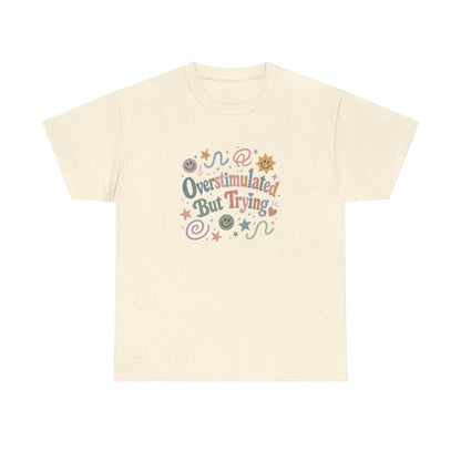 Overstimulated But Trying tee | Funny Mental Health Shirt, Cute Retro Doodles