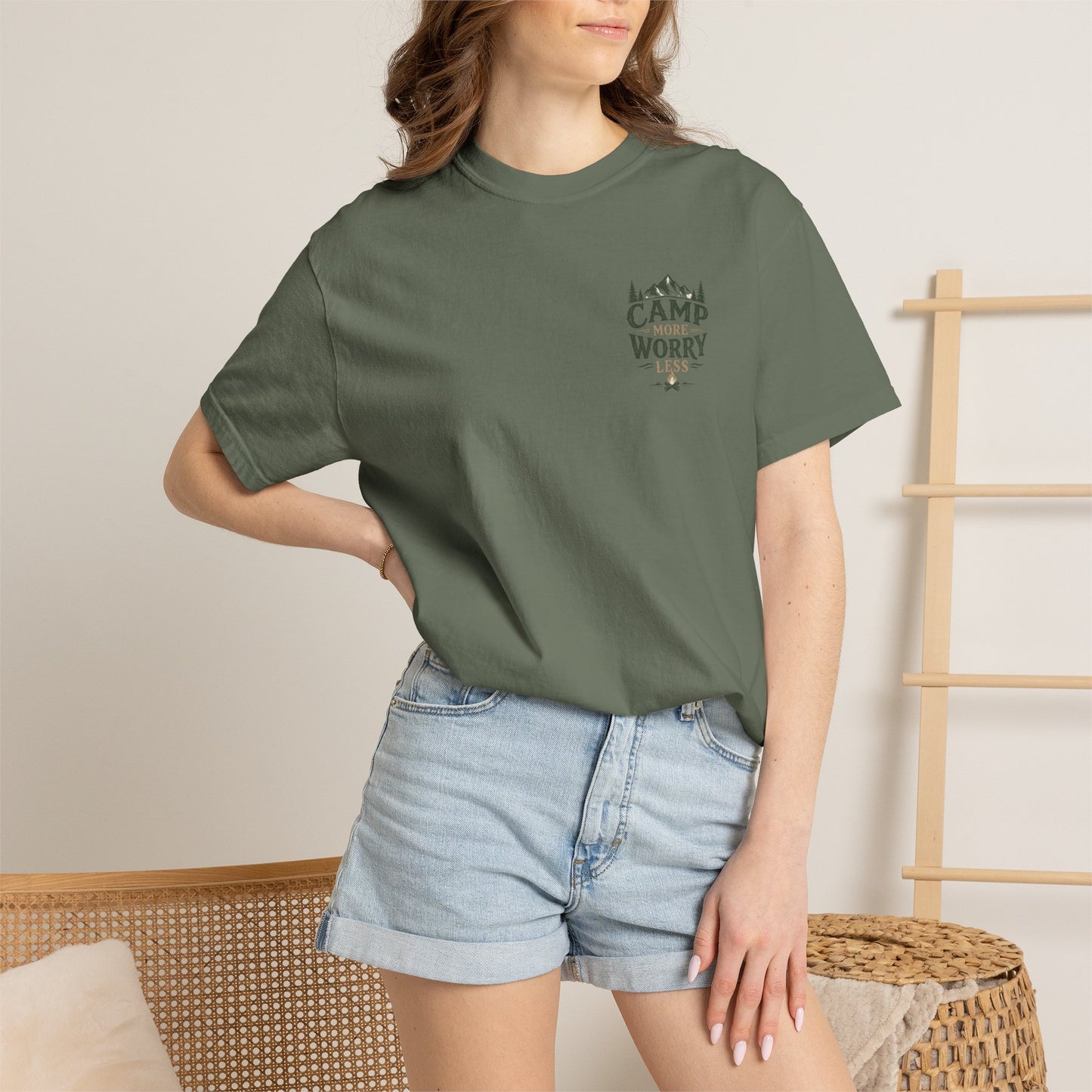 Camp More Worry Less T-shirt | Camping Mountains Pine Trees Design