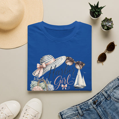 Harbor Girl illustration T-Shirt | Nautical hat, sailboat, seashells