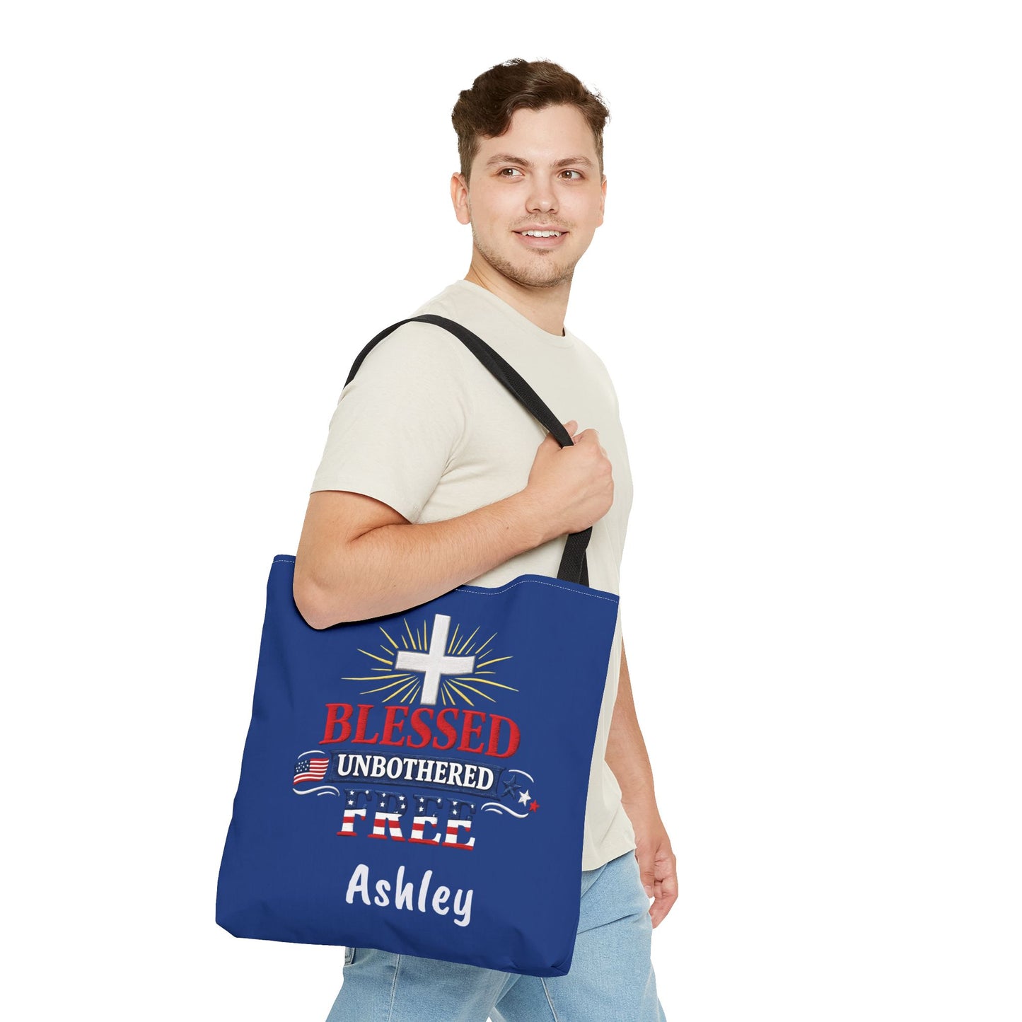 Blessed Unbothered Free Cross tote bag | patriotic faith design