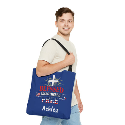 Blessed Unbothered Free Cross tote bag | patriotic faith design