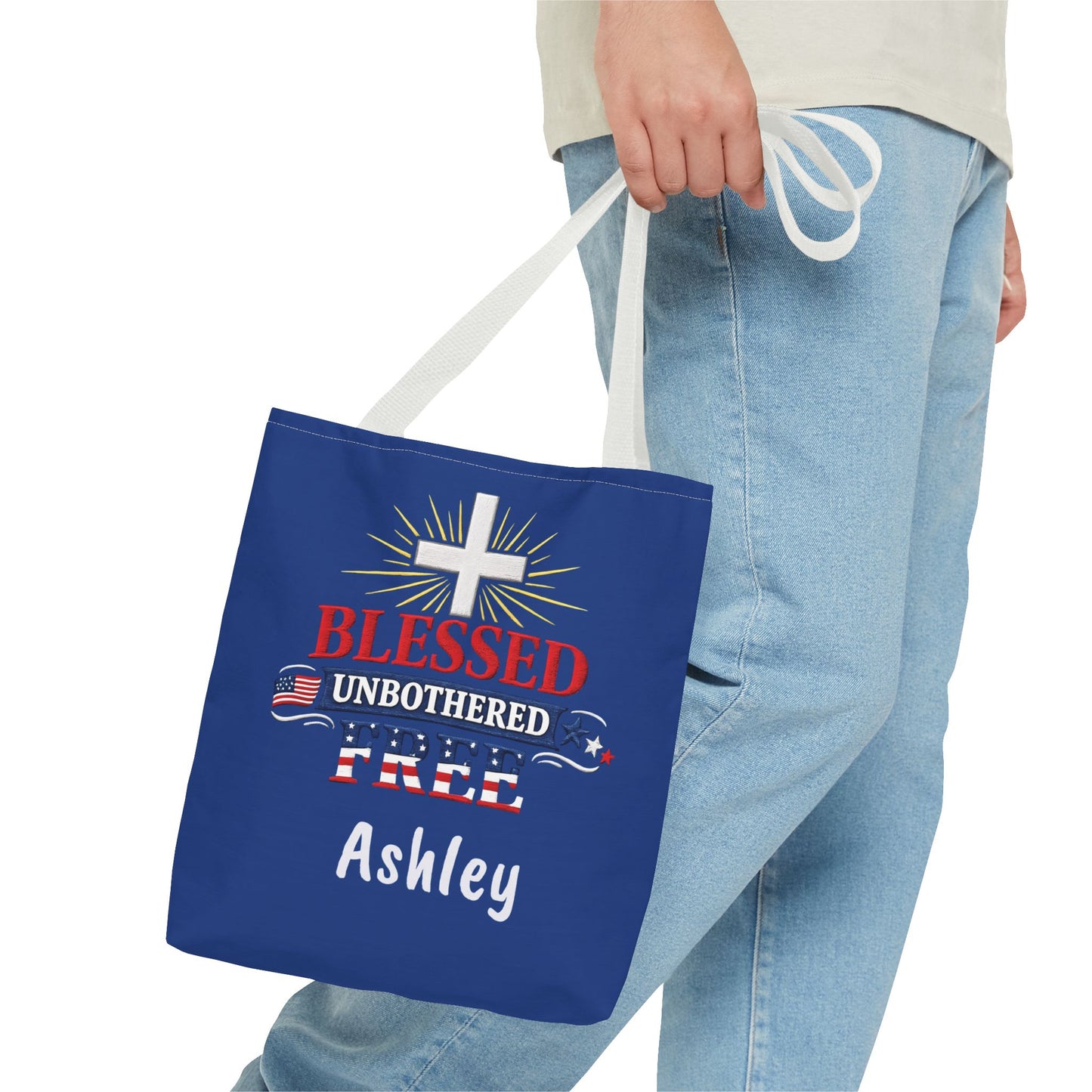 Blessed Unbothered Free Cross tote bag | patriotic faith design