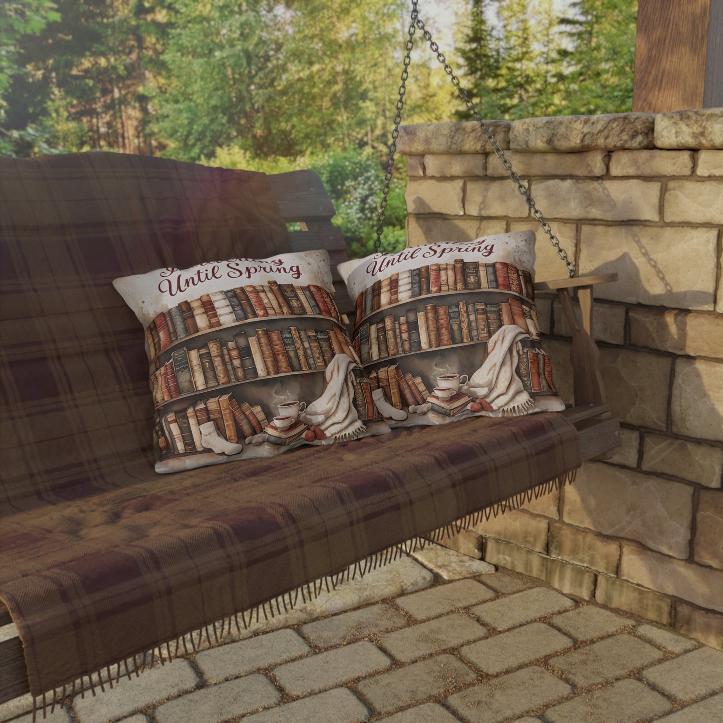 Introverting Until Spring Outdoor Pillow | Bookish Library Design, Cozy Reading Decor