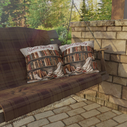 Introverting Until Spring Outdoor Pillow | Bookish Library Design, Cozy Reading Decor