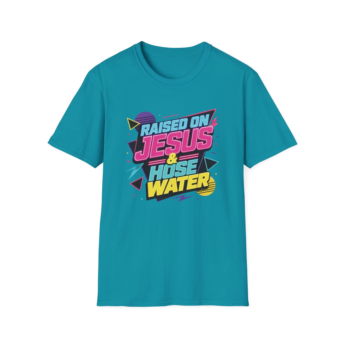 Raised on Jesus & Hose Water T-Shirt | Retro Neon Christian Faith Graphic