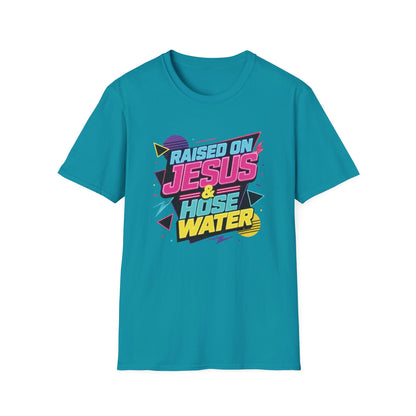 Raised on Jesus & Hose Water T-Shirt | Retro Neon Christian Faith Graphic