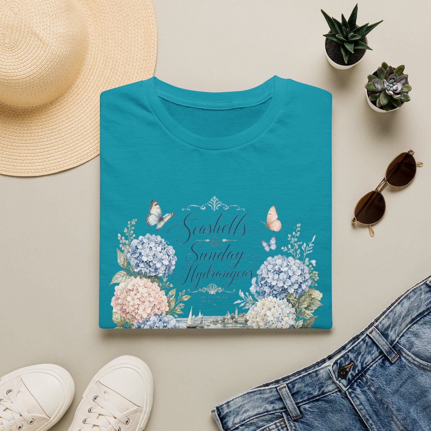 Seashells & Sunday Hydrangeas T-Shirt | Floral Coastal Cottage Shirt