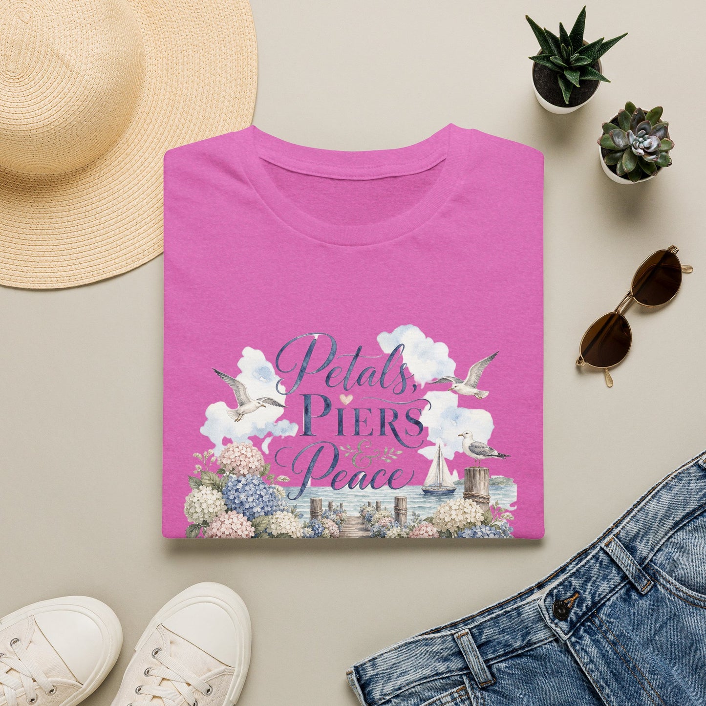 Petals Piers Peace T-Shirt | Coastal Lighthouse Floral Seagulls Design