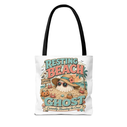 Resting Beach Ghost Tote Bag | Halloween Beach Ghost Illustration