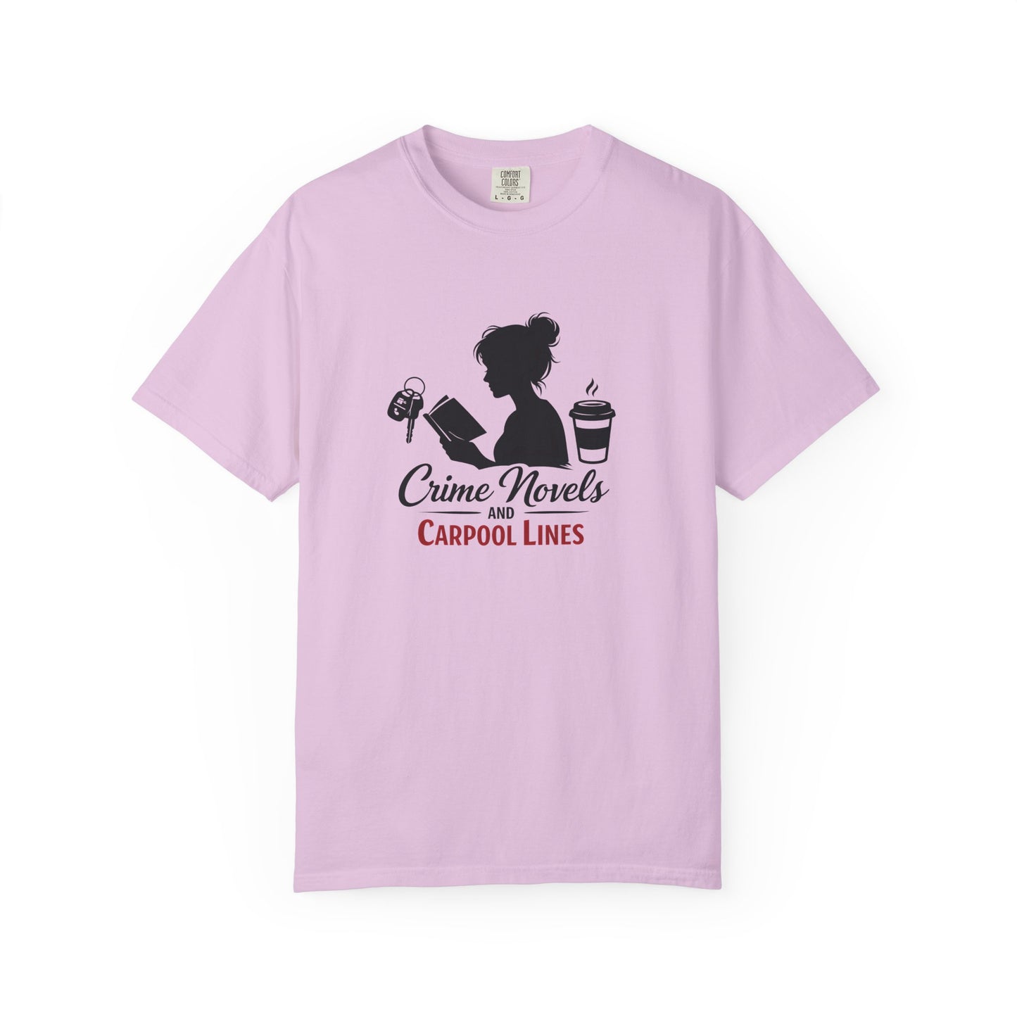Crime Novels and Carpool Lines T-shirt | Reading Mom Silhouette, Coffee Graphic