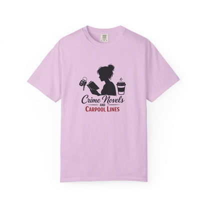 Crime Novels and Carpool Lines T-shirt | Reading Mom Silhouette, Coffee Graphic