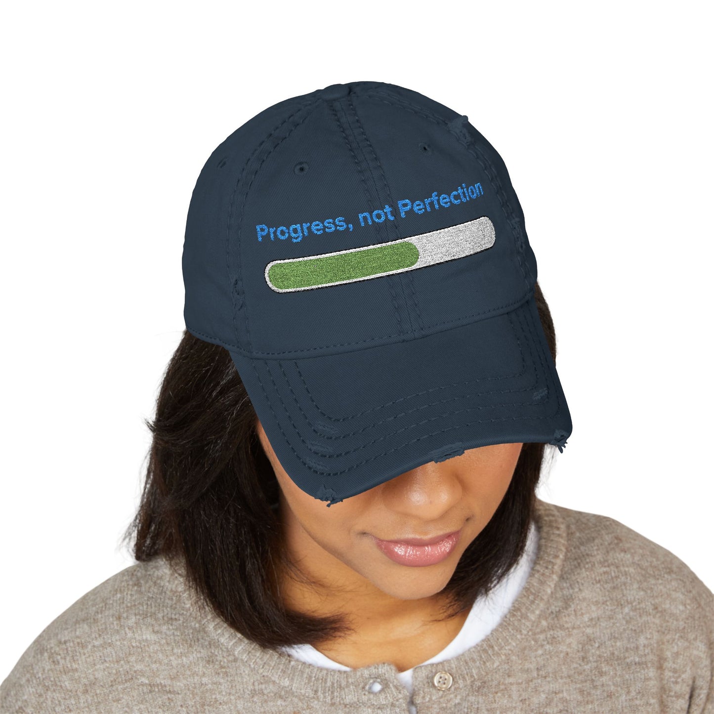 Embroidered "Progress, not Perfection"  Distressed Baseball Cap for Men and Women, Vintage Retro Hat, Inspirational Cap, Motivational Cap