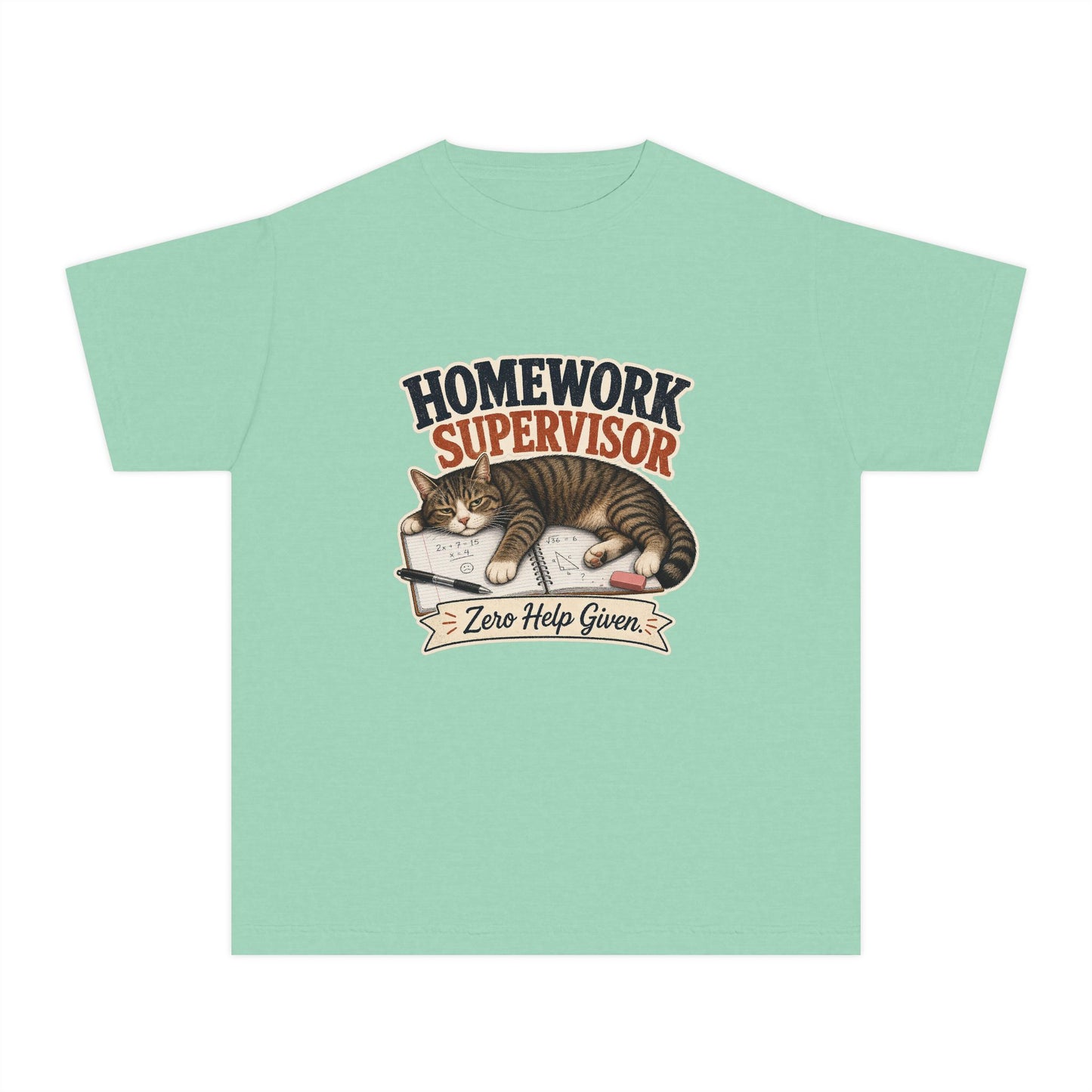 Homework Supervisor Cat Youth Tee | "Zero Help Given" retro kitten design