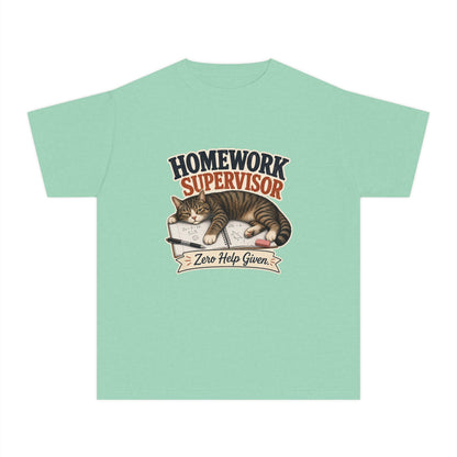 Homework Supervisor Cat Youth Tee | "Zero Help Given" retro kitten design