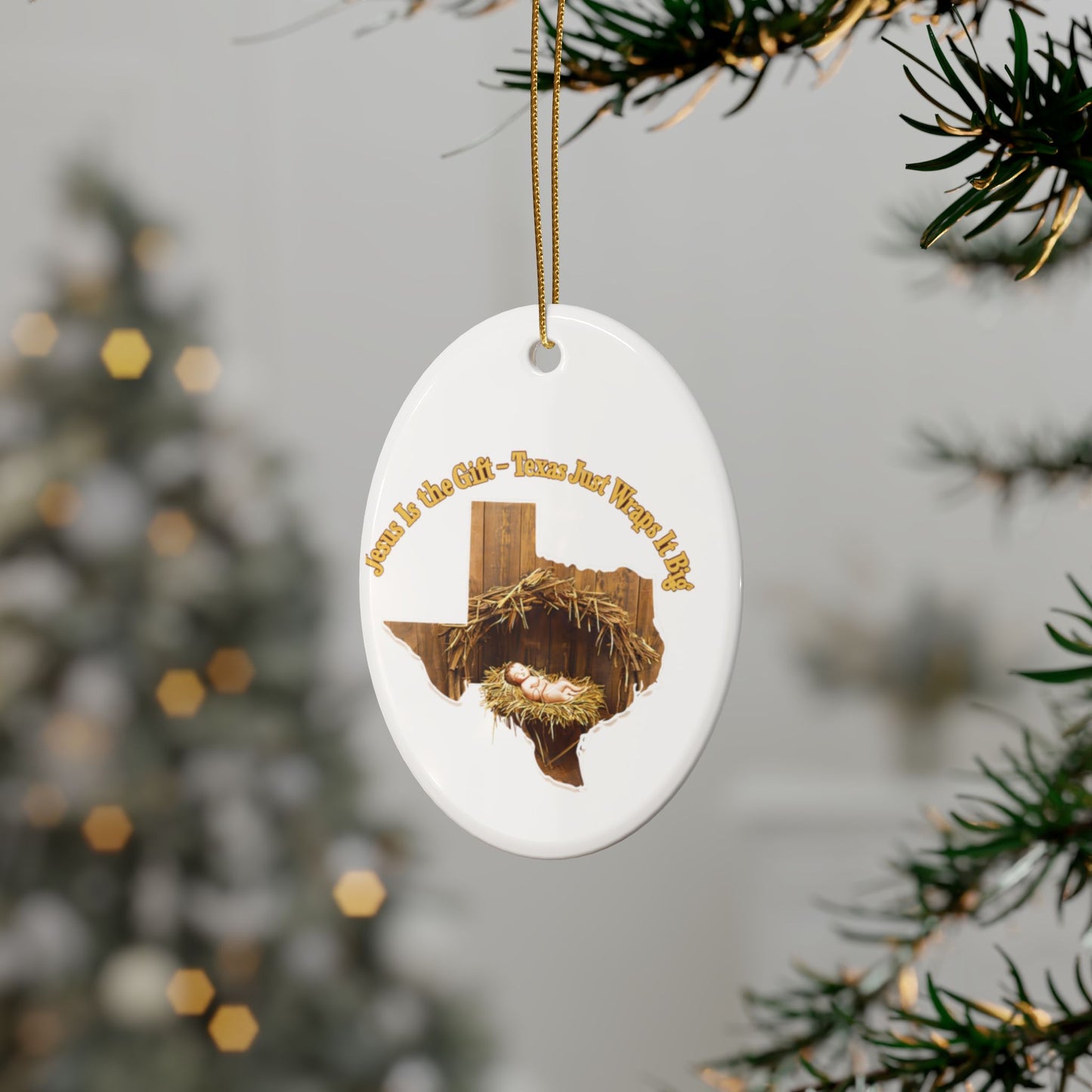 Ceramic Ornaments, Religious Christmas Decor, Jesus is the Gift Texas Ornament, Manger Decoration, Holiday Gift, Home Decor, Christian Gift,