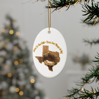 Ceramic Ornaments, Religious Christmas Decor, Jesus is the Gift Texas Ornament, Manger Decoration, Holiday Gift, Home Decor, Christian Gift,