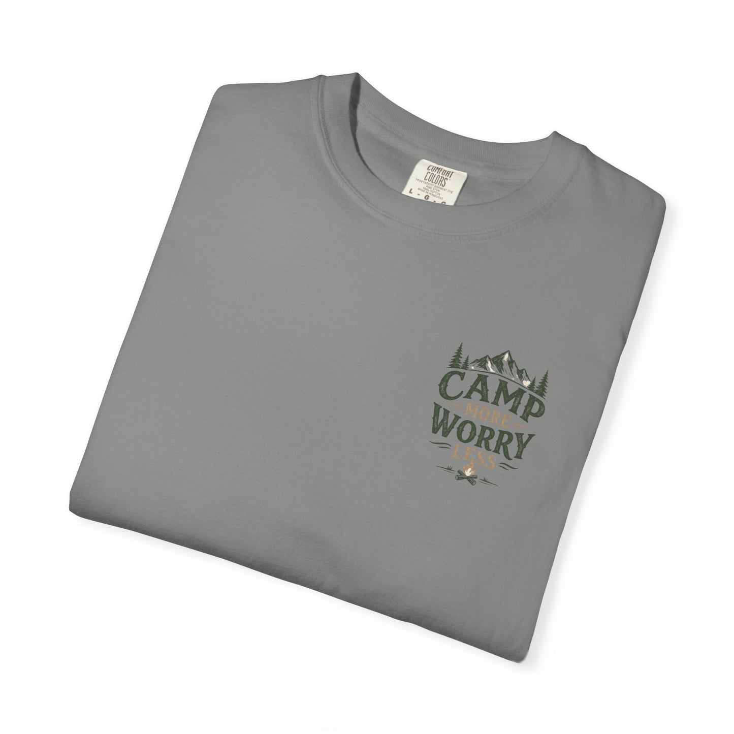 Camp More Worry Less T-shirt | Camping Mountains Pine Trees Design