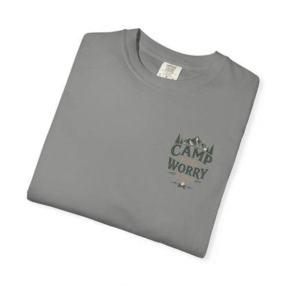 Camp More Worry Less T-shirt | Camping Mountains Pine Trees Design